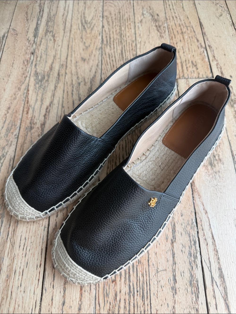 NWOB Ralph Lauren Black Leather Espadrille Slip-Ons with Gold Logo 9